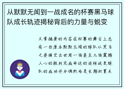 从默默无闻到一战成名的杯赛黑马球队成长轨迹揭秘背后的力量与蜕变