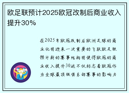 欧足联预计2025欧冠改制后商业收入提升30% 欧足联预计2025欧冠改制后商业收入提升30%